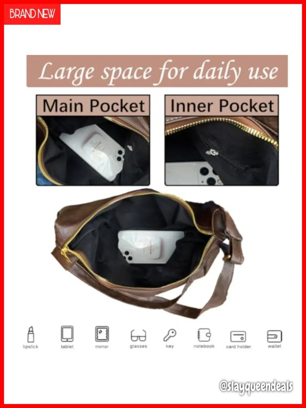 Vegan Leather Hobo Bag Soft Slouchy Shoulder Handbag Zipper Work Tote Travel